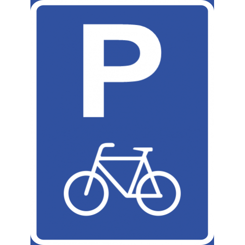 Bicycle Parking Reservation Road Sign. A bicycle parking area is reserved and available nearby — cyclists may park here.