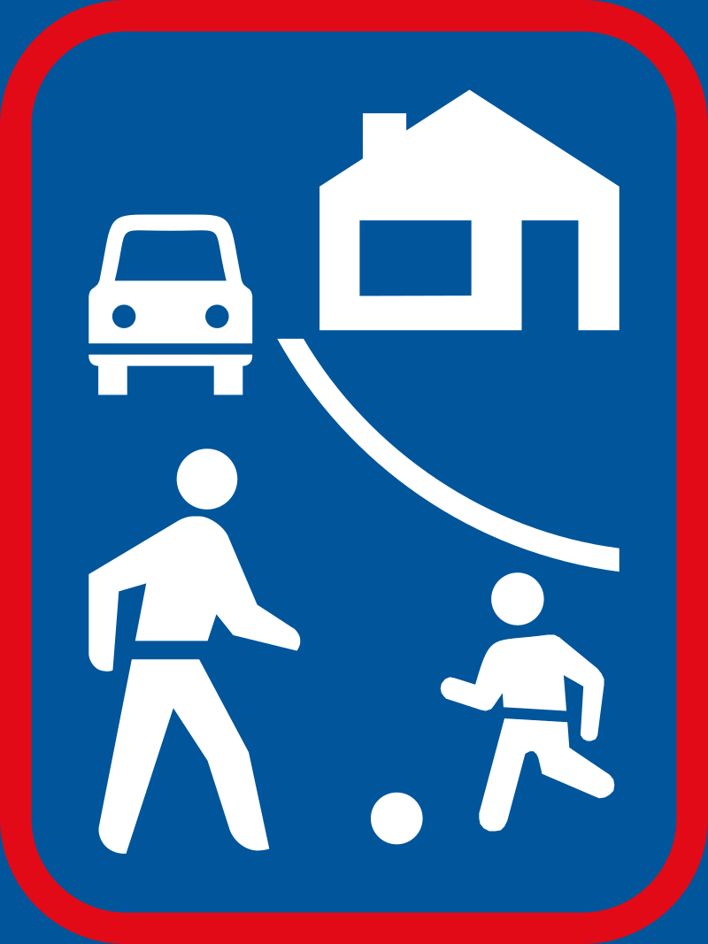 Living Street / Woonerf begins Road Sign. A living street or woonerf begins here — pedestrians and cyclists have priority over vehicles.