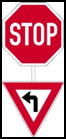 Stop/yield. Traffic going straight must stop, but traffic turning left may continue only after yielding when it is safe.