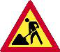 Men at work. Workers may be on or near the road, so drive carefully and obey temporary controls.