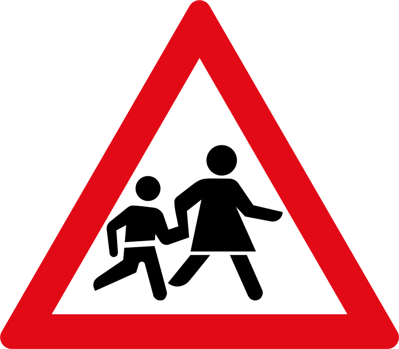 Children ahead. Children may be crossing or walking near the road ahead — slow down and be alert.
