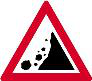 Falling rocks ahead. Rocks may fall onto the carriageway ahead, so slow down and be ready to stop within the distance you can see.