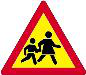 School ahead. A school zone is ahead, so expect children and lower-speed conditions.