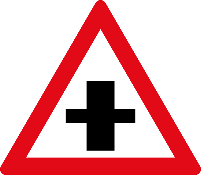 Priority crossroad ahead. An intersection is ahead where your road has right of way, but you should still watch for traffic that may not yield.
