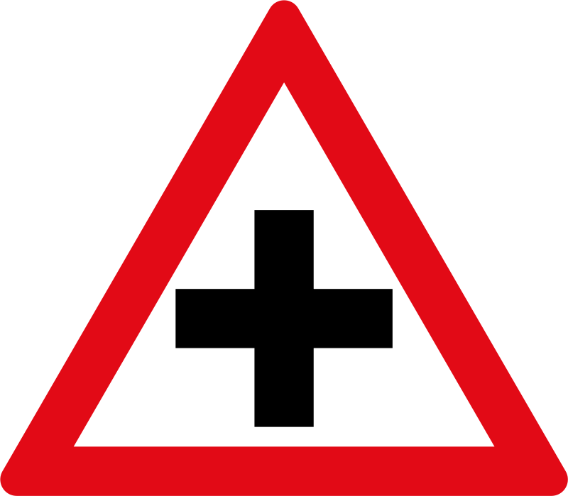 Crossroads ahead. An intersection where traffic may cross your path is ahead, so watch carefully in all directions.